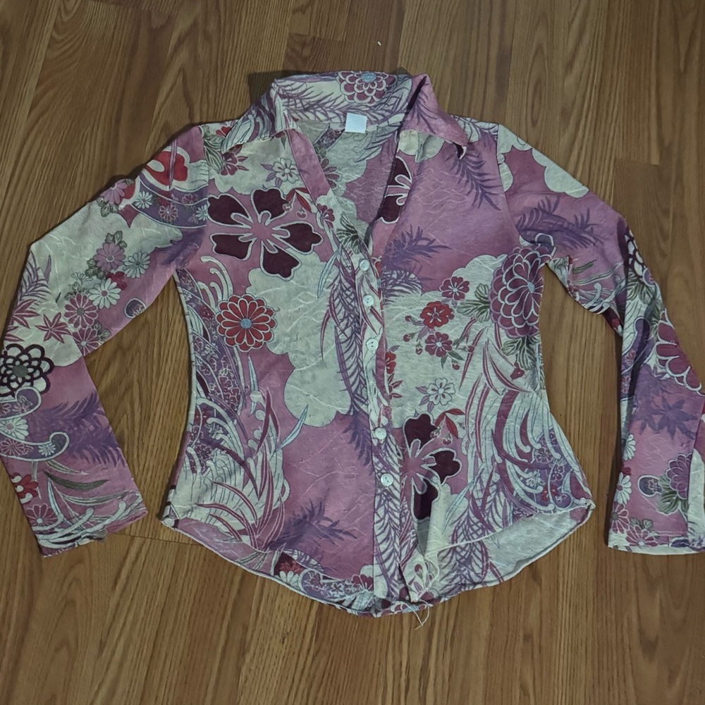 Zoompy Women’s Pink‎ Floral Long Sleeve Button Down Shirt Size S Fairy Y2k Boho